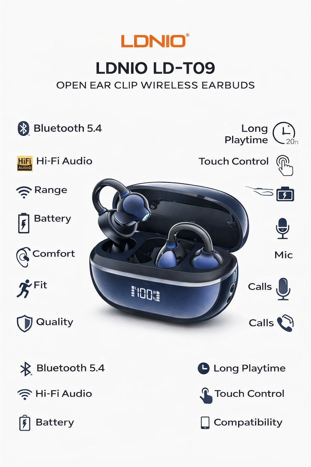 LDNIO LD-T09 Open Ear Clip Wireless Earbuds