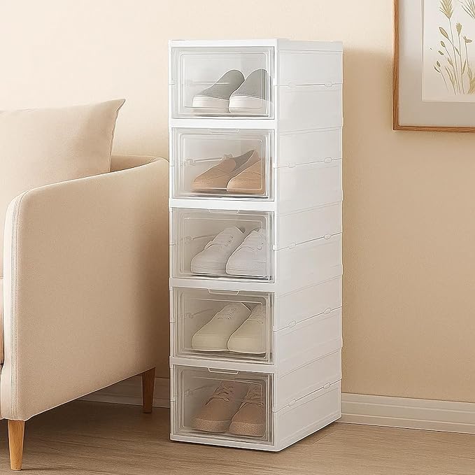 6 Tier Shoe Rack Collapsible Shoe Organiser with Door Foldable Sneaker Crates Footwear Storage for Men Women Heels Boots Loafers Sneakers Slippers