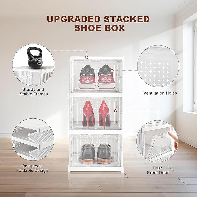 6 Tier Shoe Rack Collapsible Shoe Organiser with Door Foldable Sneaker Crates Footwear Storage for Men Women Heels Boots Loafers Sneakers Slippers